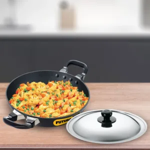 Hawkins Futura Nonstick Deep Kadhai Round Bottom | 3.25 mm Thick | Gas Stove Only | Steel Lid Included