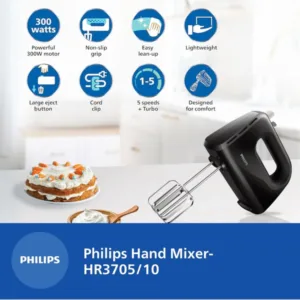 Philips HR3705/10 Hand Mixer 300W | 5 Speed Electric Beater | Dough Hooks | Compact Kitchen Mixer