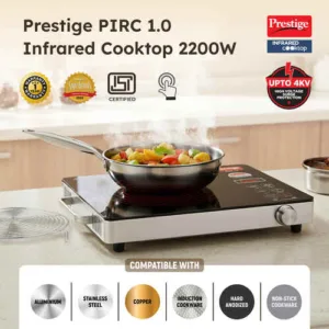 Prestige PIRC 1.0 Infrared Cooktop 2200W | Works with All Cookware | Preset Indian Menu | Timer | Portable Black